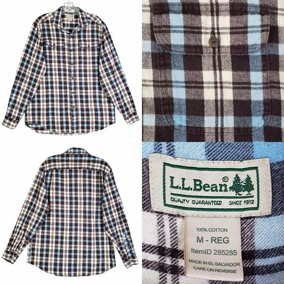 LL Bean Shirt Mens Black Blue Plaid Flannel LS Button Down Size Medium M - Picture 1 of 9